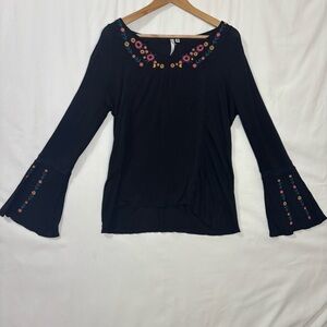 NY Collection Black Embroidered Top Women's M Boho Whimsigoth Y2K Floral Fairy